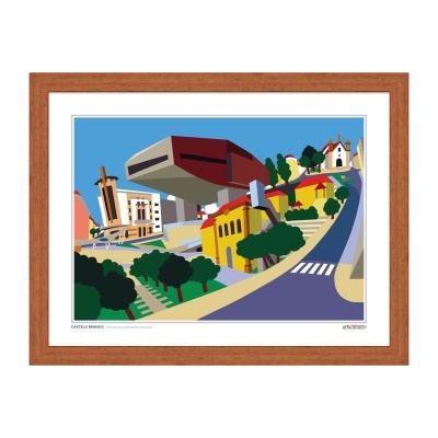 Ilustração urbana colorida com edifícios modernos e estrada com faixa de peões, emoldurada por moldura de madeira castanha.