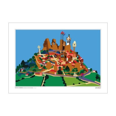 Ilustração vetorial de aldeia em colina com castelo e cruz