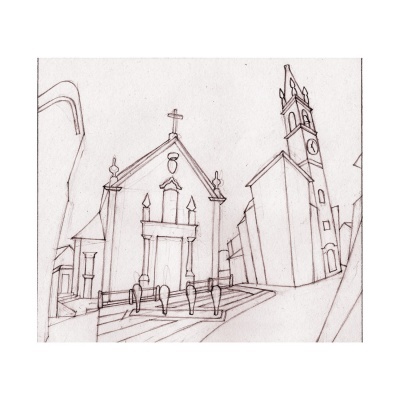 Desenho a lápis de uma igreja com torre sineira e figuras humanas na praça