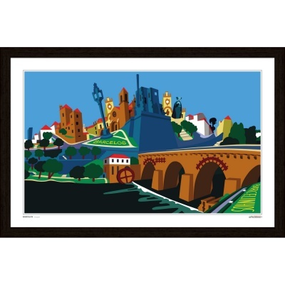 Ilustração digital colorida de paisagem urbana com castelo e arcos