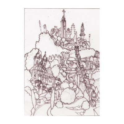 Desenho a lápis de cenário com colina, edifícios, árvores e teleférico