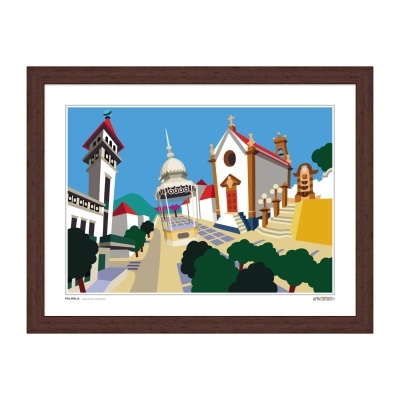 Ilustração digital colorida de edifícios e árvores numa paisagem urbana