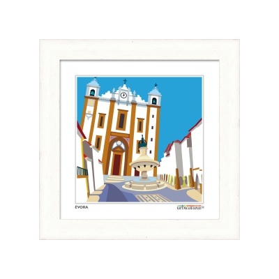 Ilustração de praça em Évora com fonte e edifícios brancos sob céu azul