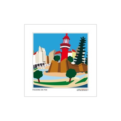 Ilustração do farol da Figueira da Foz com árvores e edifícios ao redor