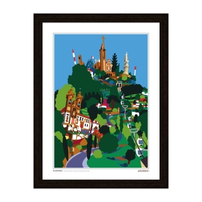 Poster artístico colorido de paisagem com edifícios, árvores e funicular emoldurado