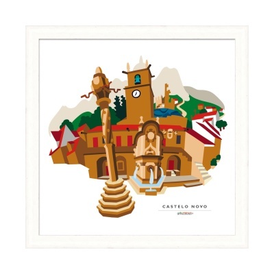Ilustração de pontos turísticos de Castelo Novo numa moldura branca