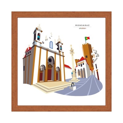 Ilustração de monumento e rua em Monsaraz com igreja, torre, bandeira Portugal e moldura castanha