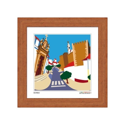 Ilustração emoldurada de rua histórica com portal e muralha castanha