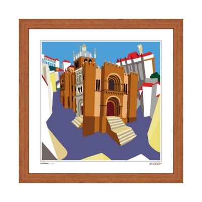 Quadro com ilustração de castelo castanho em cenário urbano com céu azul