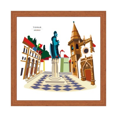 Ilustração emoldurada de praça com estátua e edifícios históricos em Tomar