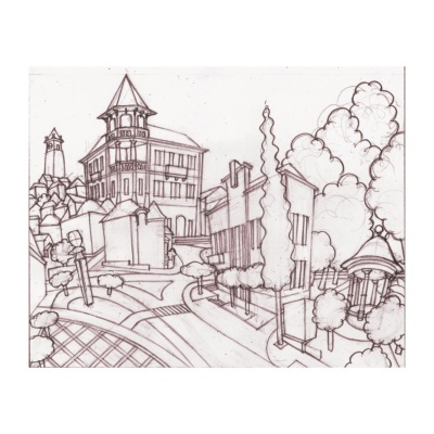 Desenho artístico a tinta de uma paisagem urbana com edifícios e árvores