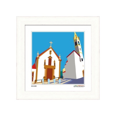 Ilustração de edifícios religiosos coloridos em moldura branca