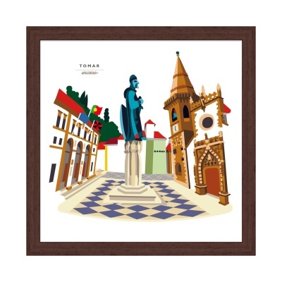 Ilustração emoldurada de estátua e edifícios históricos em Tomar com chão de azulejos.