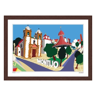 Ilustração colorida do Montijo com igreja, estrutura vermelha cónica, árvores e ruas