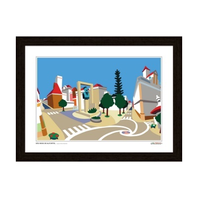 Ilustração colorida da cidade de São Brás de Alportel em moldura de madeira escura