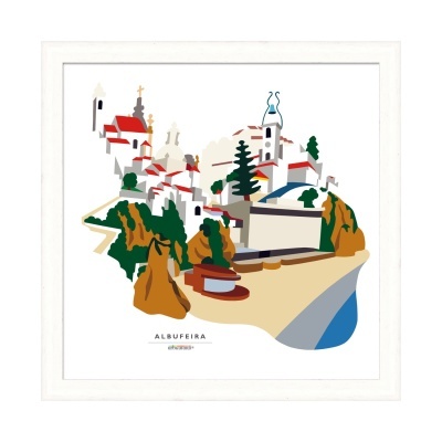 Ilustração colorida de Albufeira com edifícios e falésias junto ao mar