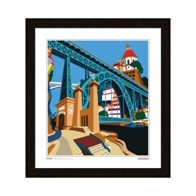 Ilustração de ponte azul e edifícios históricos emoldurada