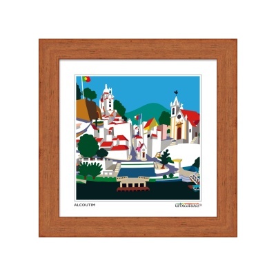 Quadro em madeira com imagem colorida de cidade de Alcoutim
