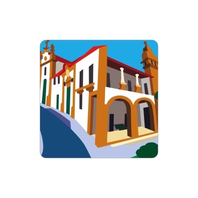 Ilustração de edifício tradicional português com arcos e torre em rua inclinada