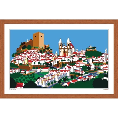 Ilustração colorida de vila com castelo, igreja e casas com telhados vermelhos em moldura de madeira