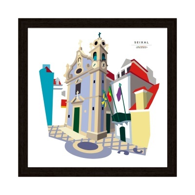 Imagem estilizada de igreja com torre, relógio, bandeiras e texto Seixal Lisboa/Portugal, moldura preta