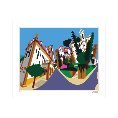 Ilustração colorida de edifícios com telhados vermelhos e árvores junto a uma estrada curvada