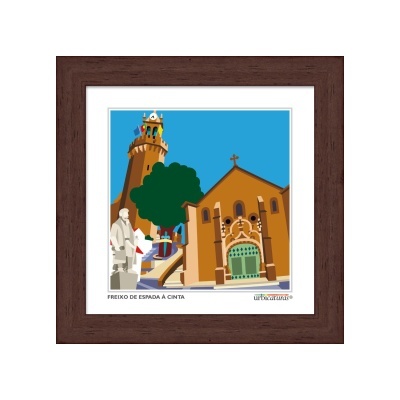 Quadro com ilustração colorida da Torre do Relógio, igreja e estátua com moldura de madeira castanha