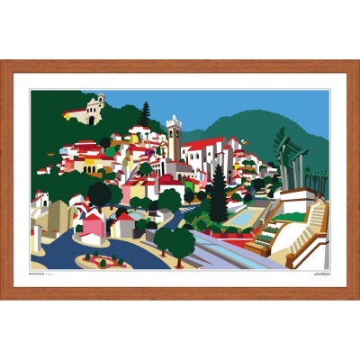 Ilustração digital de vila colorida com igreja e montanhas emoldurada em madeira