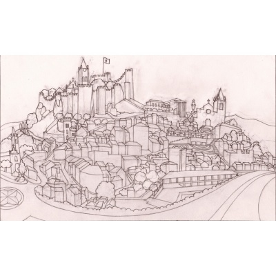 Desenho a lápis de uma vila medieval com castelos e edifícios detalhados
