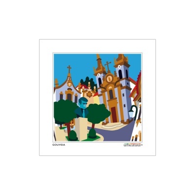 Ilustração colorida de edifícios históricos em Gouveia com igrejas e árvores