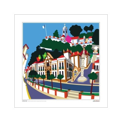 Ilustração colorida de cidade com edifícios, árvores, escadaria e monumento