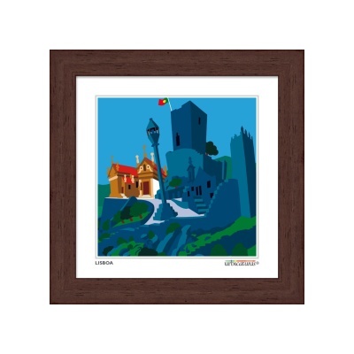 Imagem emoldurada artística de Lisboa com torre e casa coloridas
