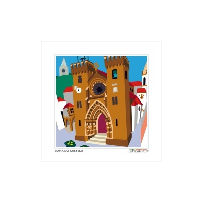 Ilustração da Sé Catedral de Viana do Castelo com torres castanhas e céu azul