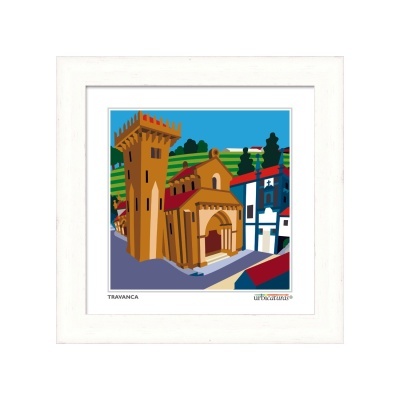 Quadro branco com pintura digital de edifício histórico castanho e paisagem urbana colorida