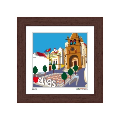 Ilustração da praça em Elvas com torre e árvores numa moldura de madeira castanha