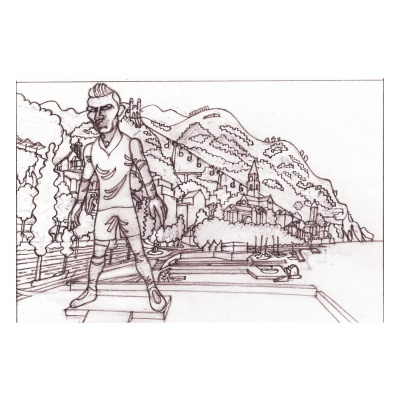 Desenho a lápis de uma figura humana masculina em roupa desportiva e paisagem de montanhas e edifícios