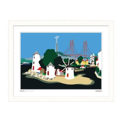 Ilustração de moinhos de vento brancos e ponte vermelha em moldura branca