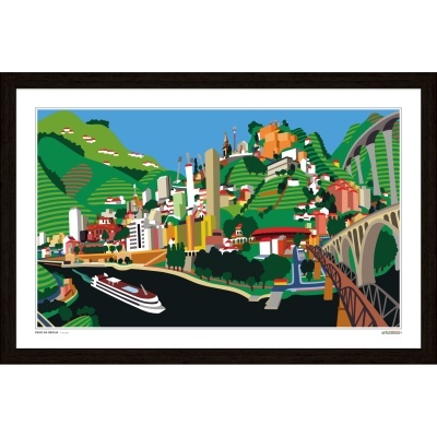 Gravura colorida de paisagem urbana com rio e montanhas