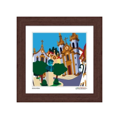 Ilustração urbana colorida com edifícios e árvores, moldura de madeira