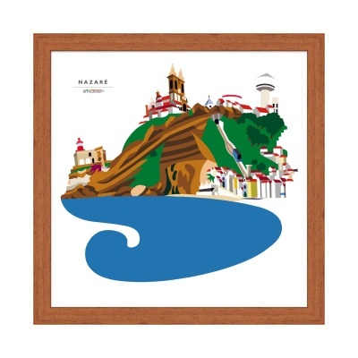 Ilustração colorida de Nazaré com elementos naturais e arquitetónicos em moldura de madeira.