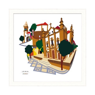 Ilustração digital de edifícios históricos em Leiria com árvores na moldura branca.