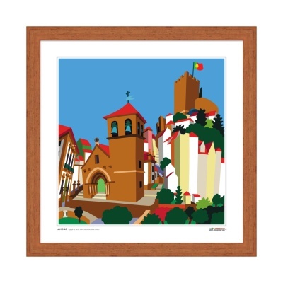 Ilustração de castelo com bandeira de Portugal em quadro com moldura castanha