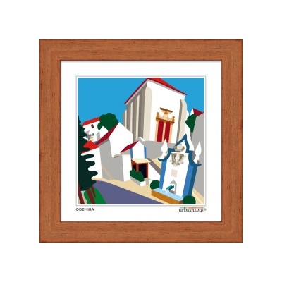 Quadro com ilustração colorida de edifícios com moldura de madeira castanha