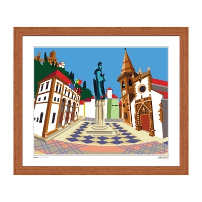 Ilustração colorida de praça com estátua e edifícios históricos em quadro de madeira