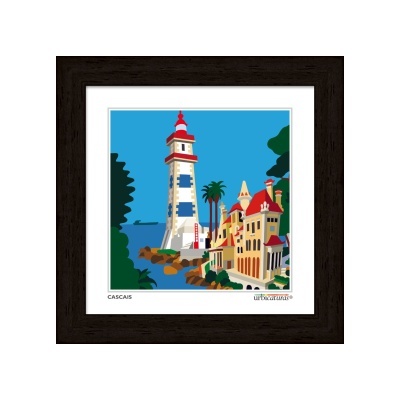 Ilustração de farol em Cascais com edifícios e árvores num quadro decorativo