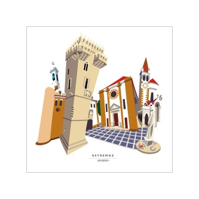 Ilustração de edifícios históricos em Estremoz com torres e pavimento quadriculado