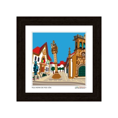Ilustração da praça de Vila Nova de Foz Côa com pelourinho e edifícios coloridos