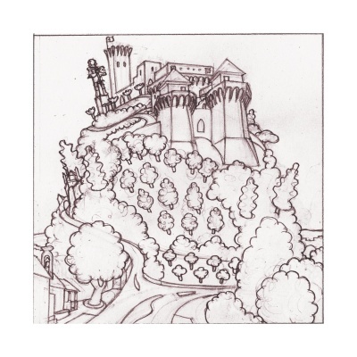 Desenho a preto e branco de um castelo numa colina com árvores e caminho