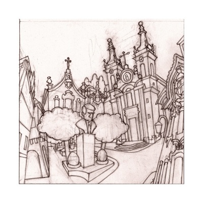 Desenho a lápis de praça urbana com estátua e edifícios históricos ao fundo