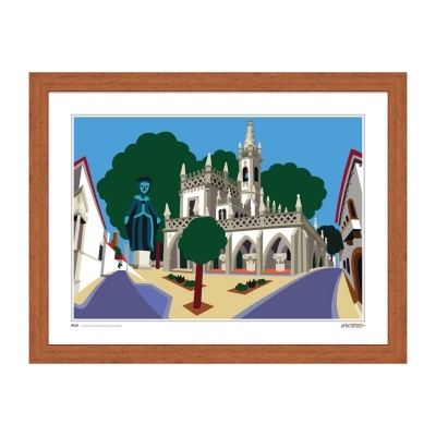 Ilustração de monumento arquitetónico com árvore e estátua azul em moldura de madeira